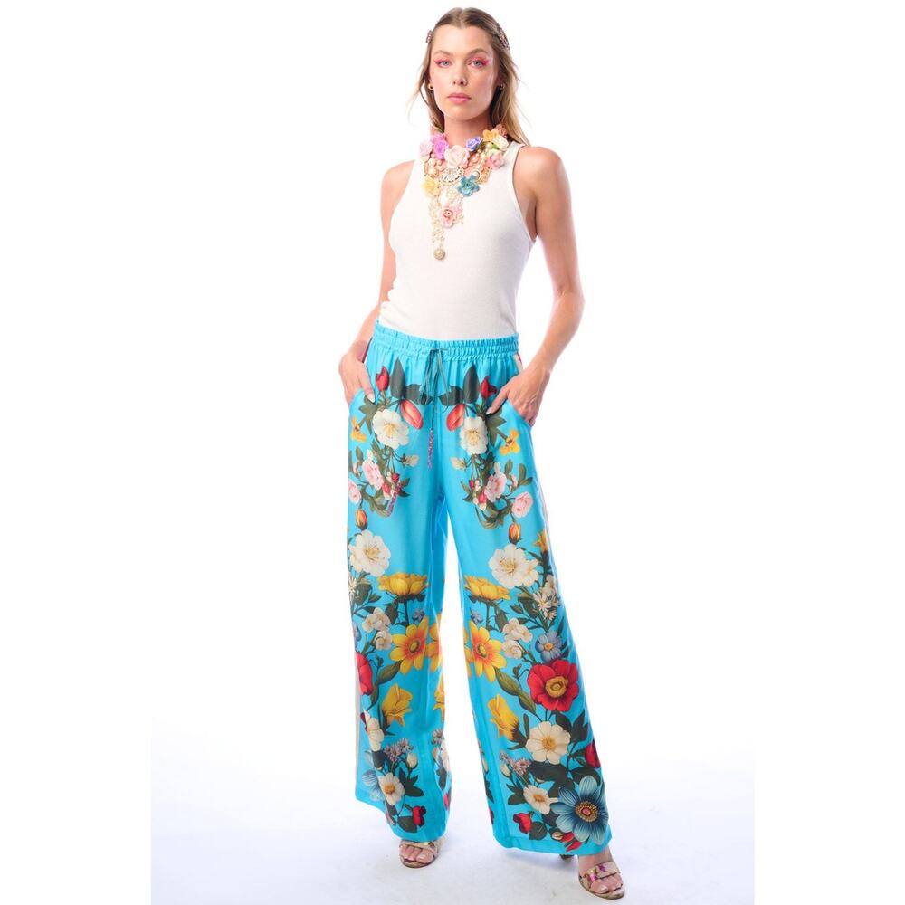 Aratta Silent Journey Garden Blue Floral Palazzo Pants New Large